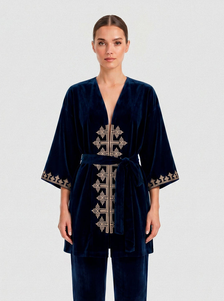 Kimono Antonella Veludo Azul Marinho Bordado Dourado