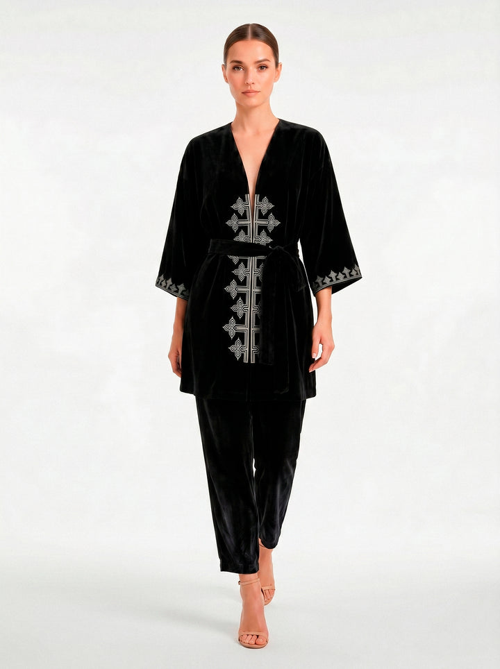 Kimono Antonella Veludo Preto Bordado Prata