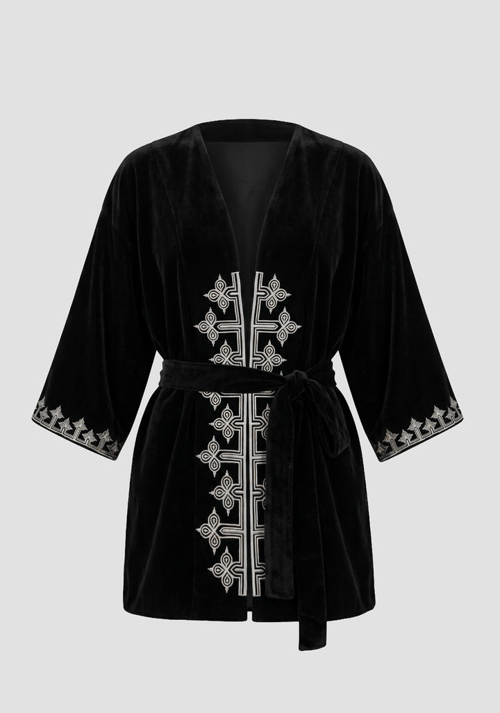Kimono Antonella Veludo Preto Bordado Prata