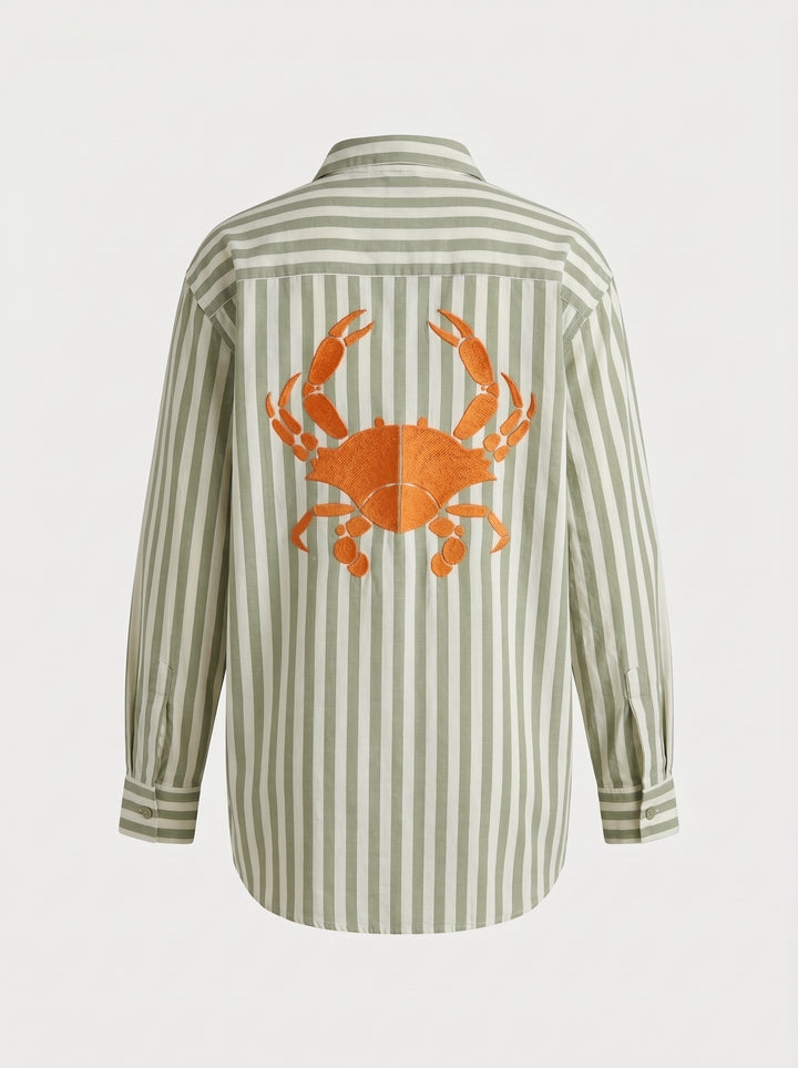 Camisa Maré Alta Algodão Listrado Verde Bordado King Crab Laranja