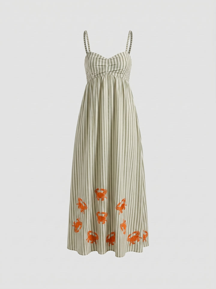 Vestido Maré Alta Listrado Verde Caranguejo Laranja