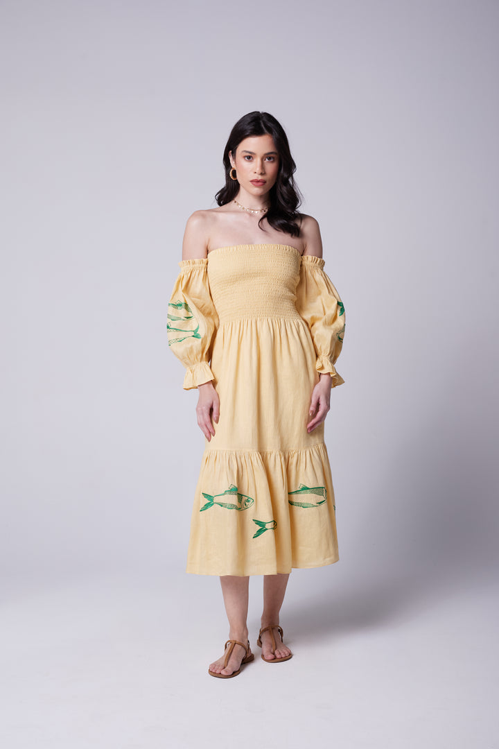 Vestido Lastex Oceano Linho Bordado Sardinha