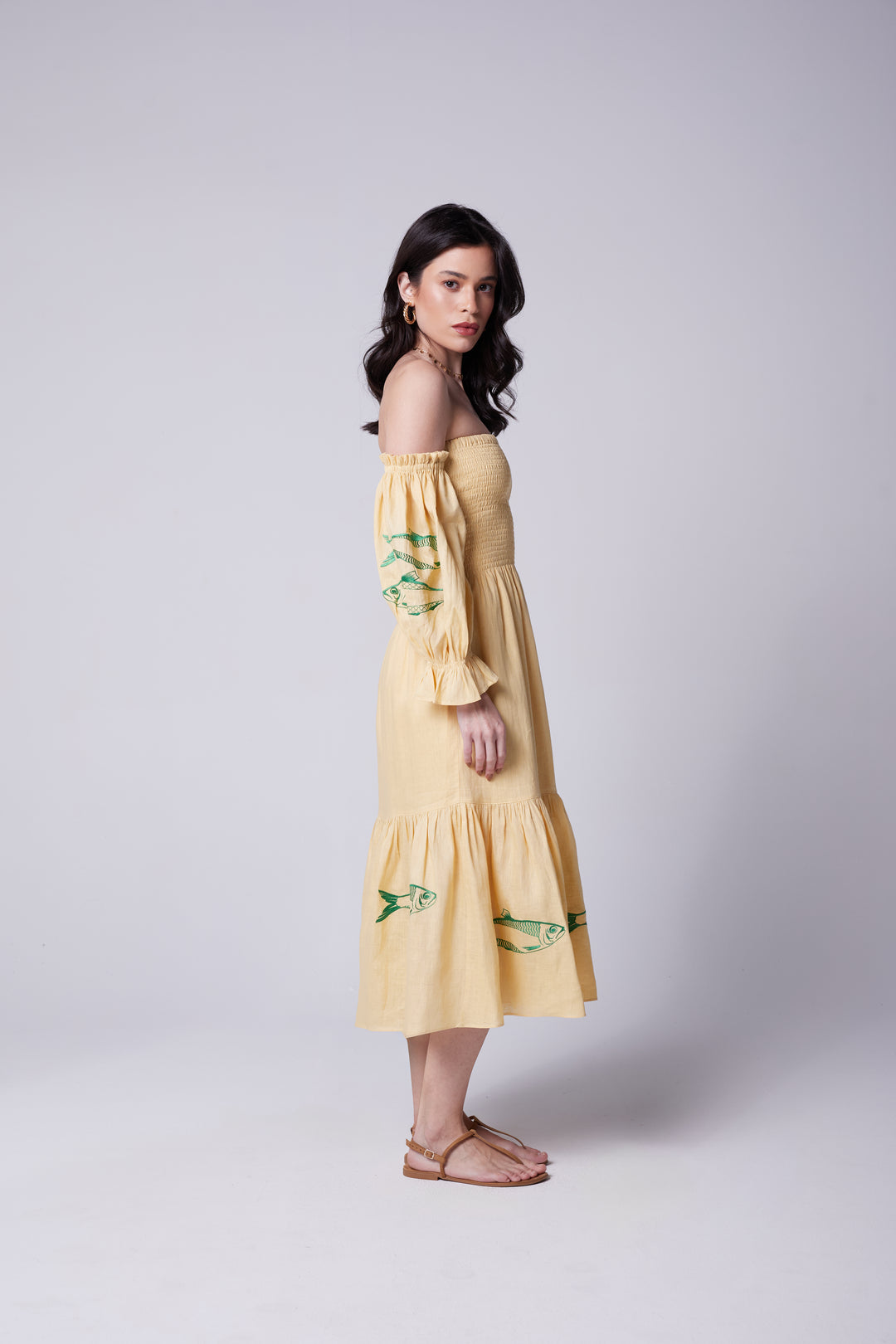 Vestido Lastex Oceano Linho Bordado Sardinha