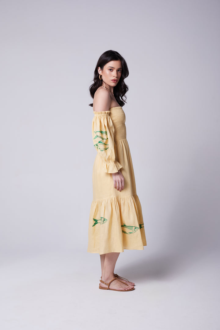 Vestido Lastex Oceano Linho Bordado Sardinha