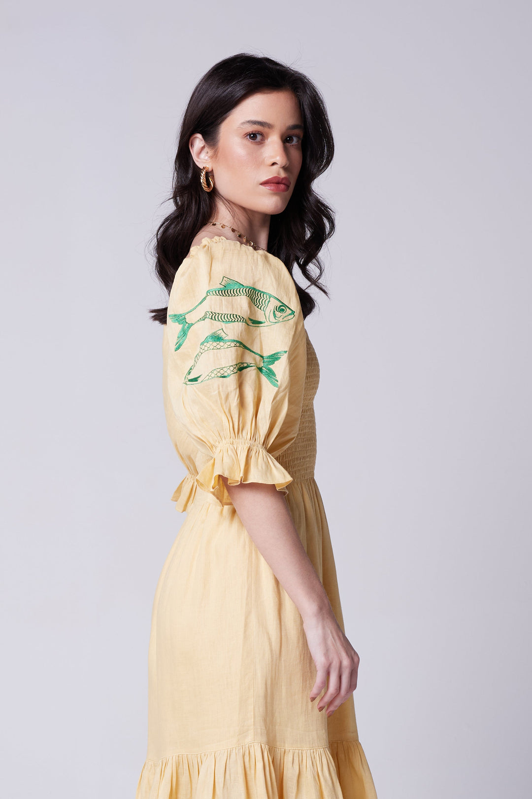 Vestido Lastex Oceano Linho Bordado Sardinha