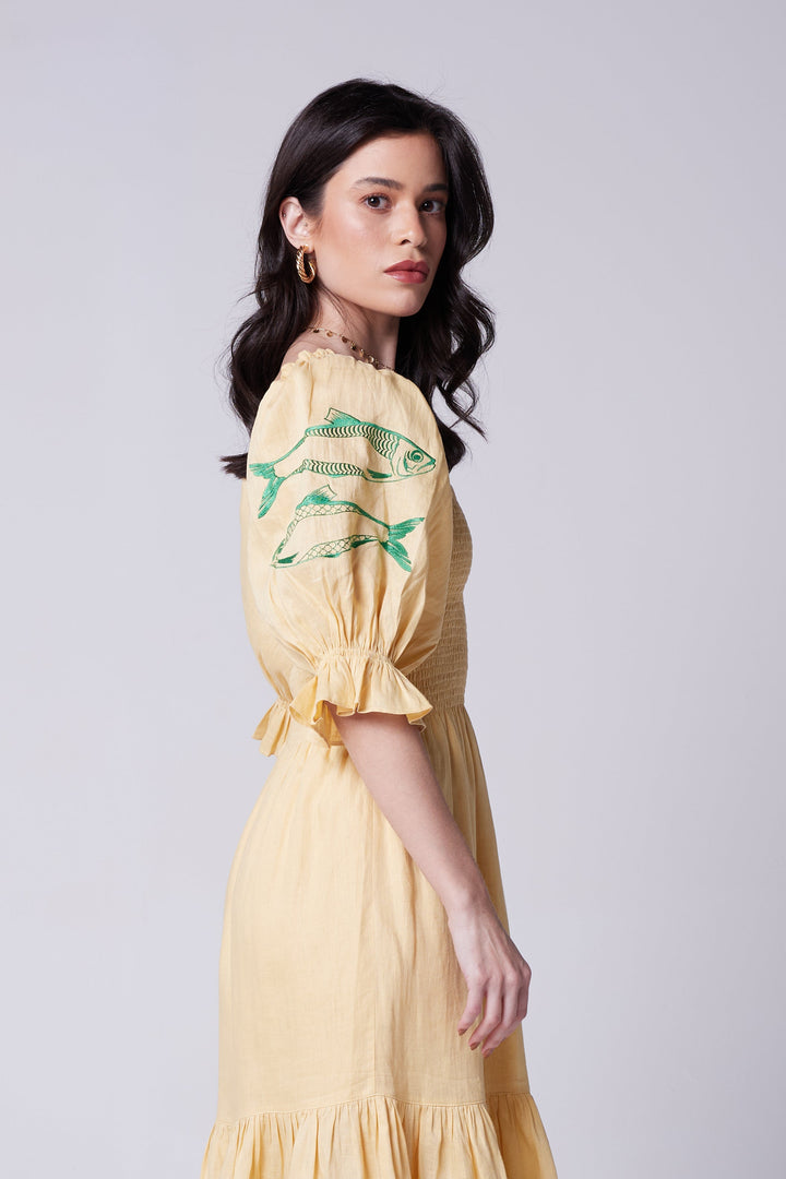 Vestido Lastex Oceano Linho Bordado Sardinha