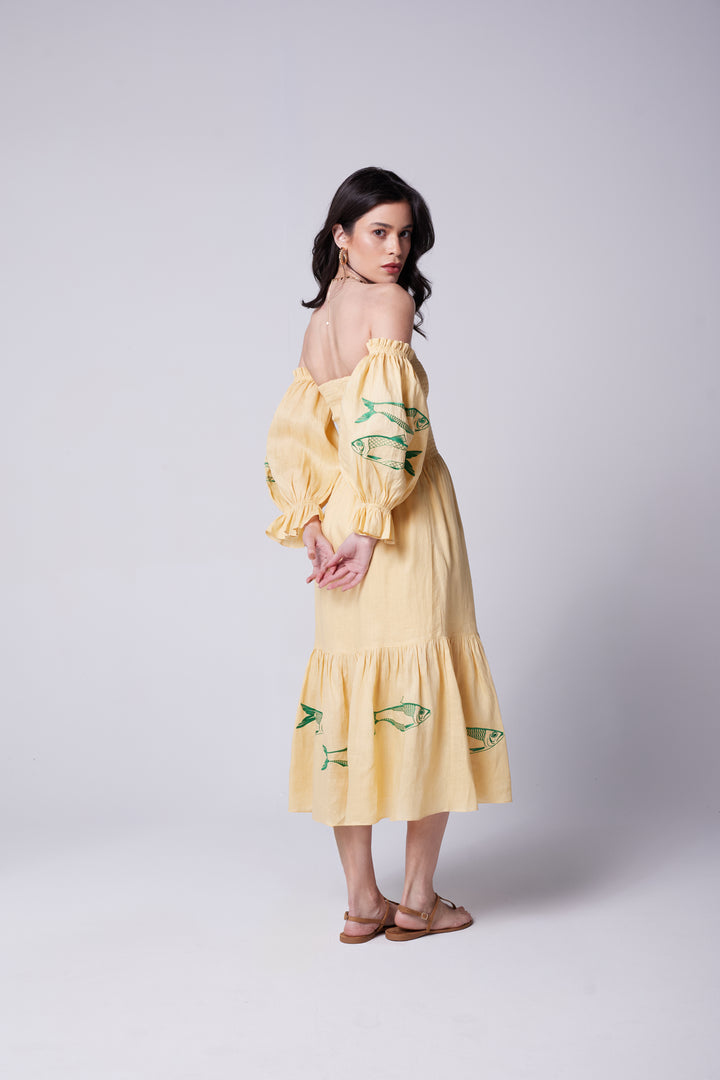 Vestido Lastex Oceano Linho Bordado Sardinha