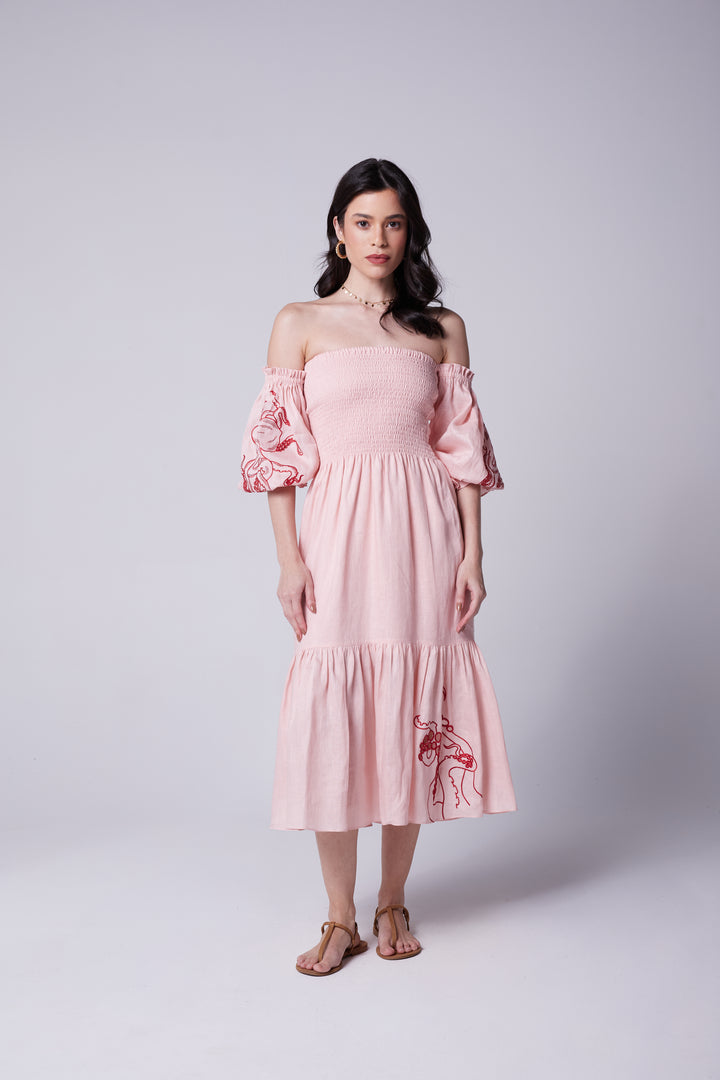 Vestido Lastex Oceano Linho Bordado Polvo