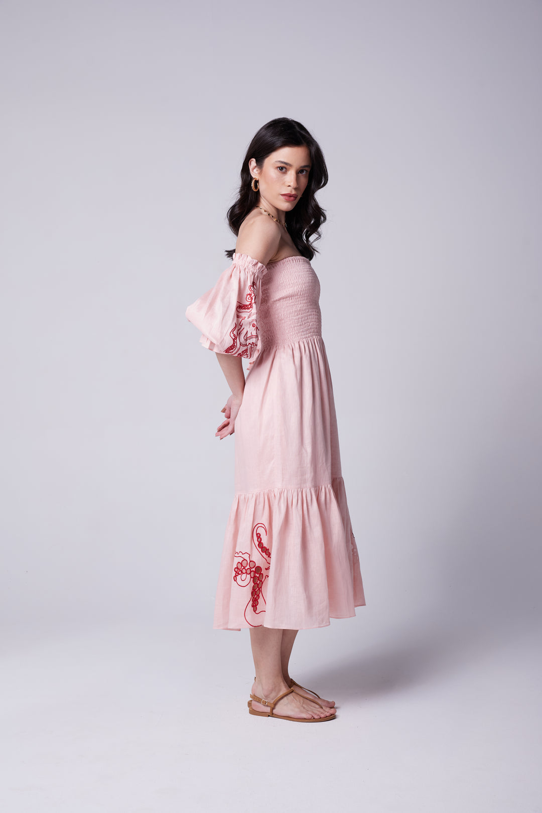 Vestido Lastex Oceano Linho Bordado Polvo