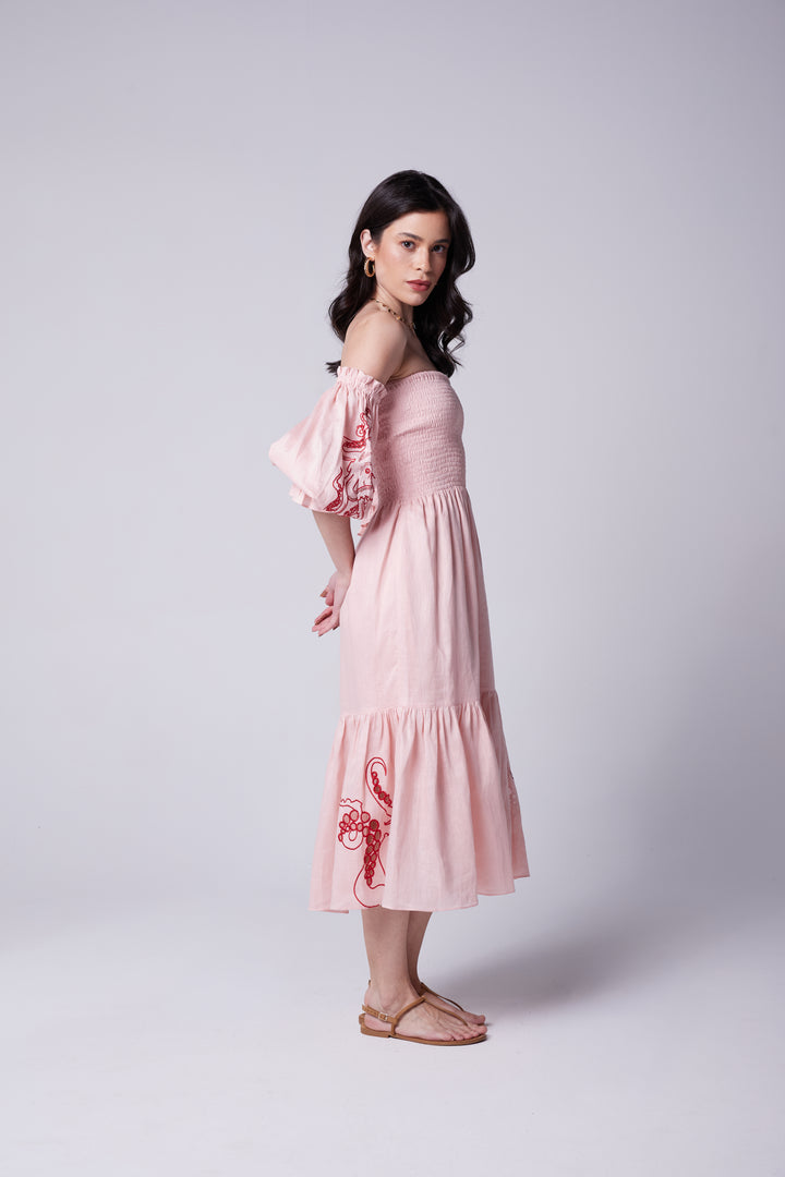 Vestido Lastex Oceano Linho Bordado Polvo