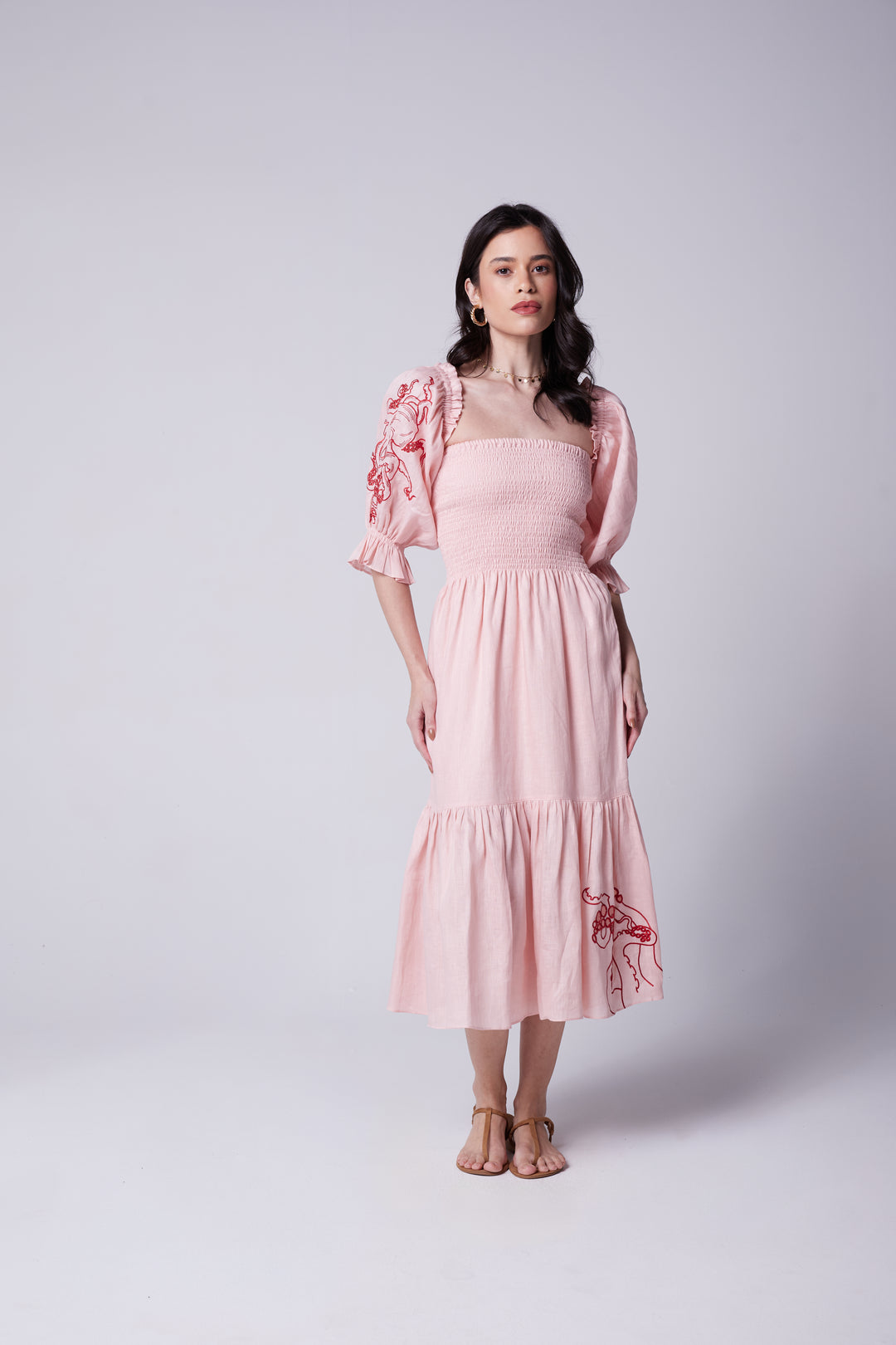 Vestido Lastex Oceano Linho Bordado Polvo