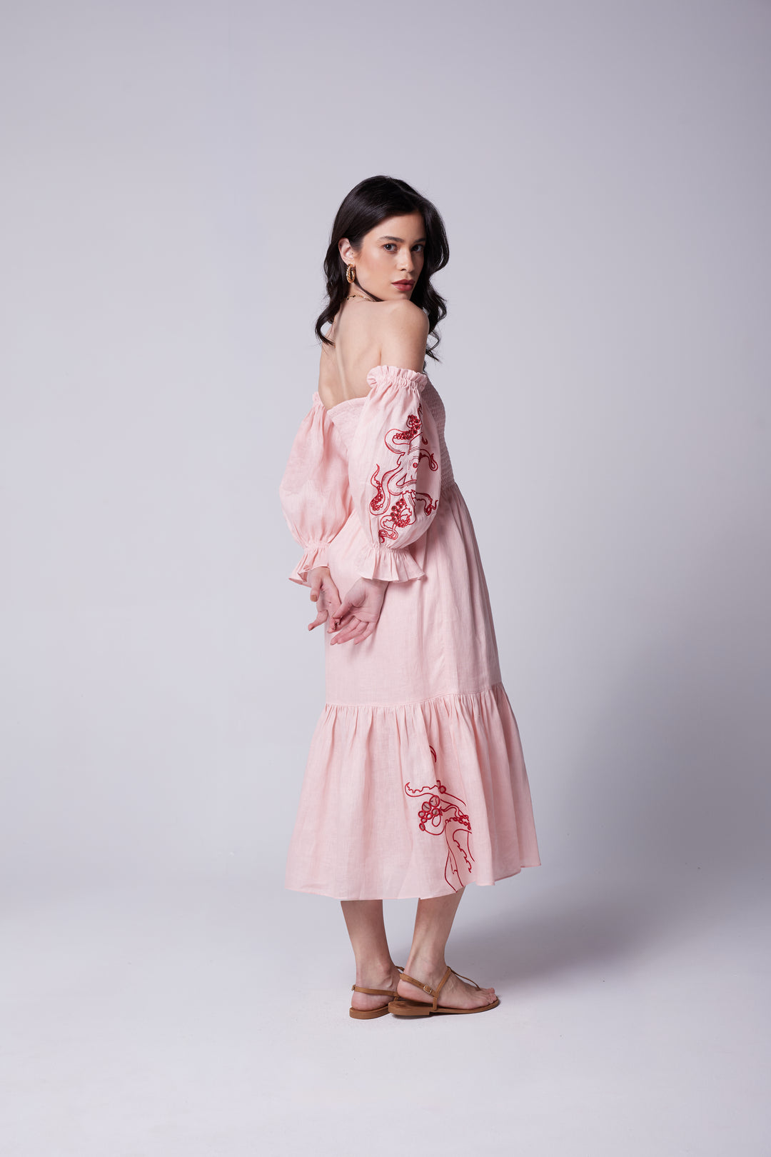 Vestido Lastex Oceano Linho Bordado Polvo