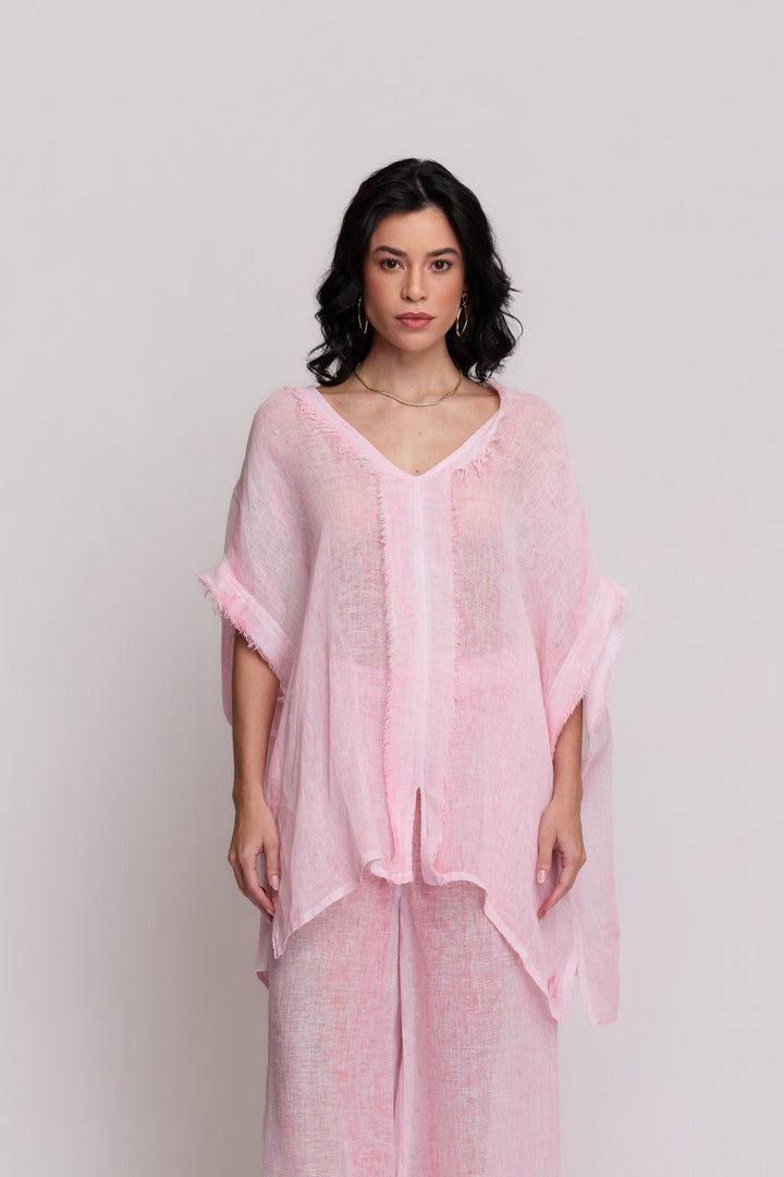 Blusa Gaia Gaze de Linho Rosa Claro