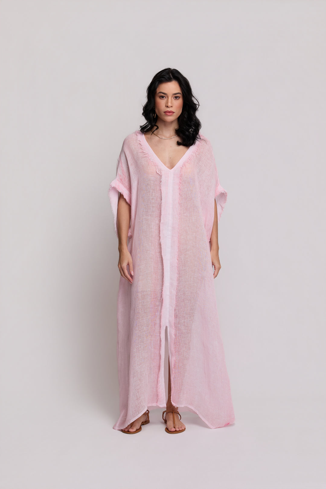 Kaftan Gaia Gaze de Linho Rosa Claro