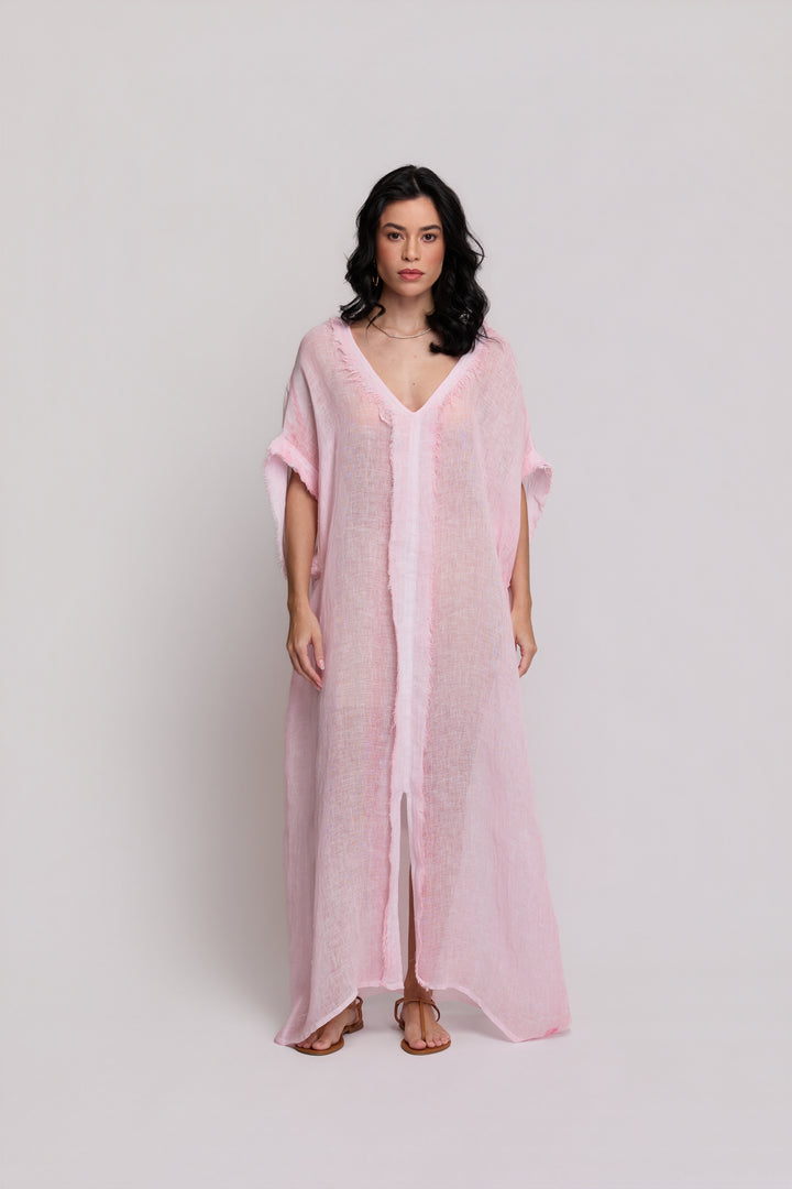 Kaftan Gaia Gaze de Linho Rosa Claro