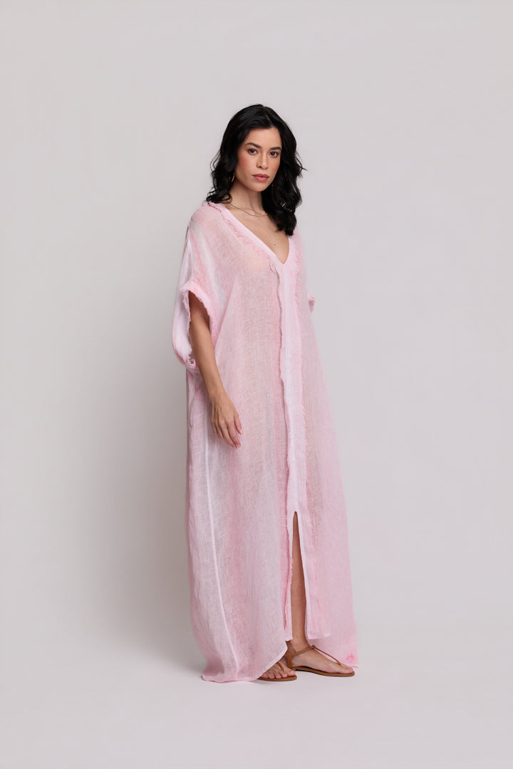 Kaftan Gaia Gaze de Linho Rosa Claro