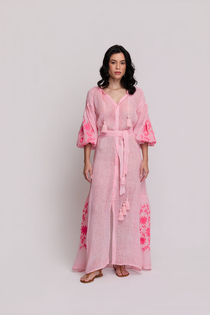 Vestido Valentina Gaze de Linho Rosa com Rosa