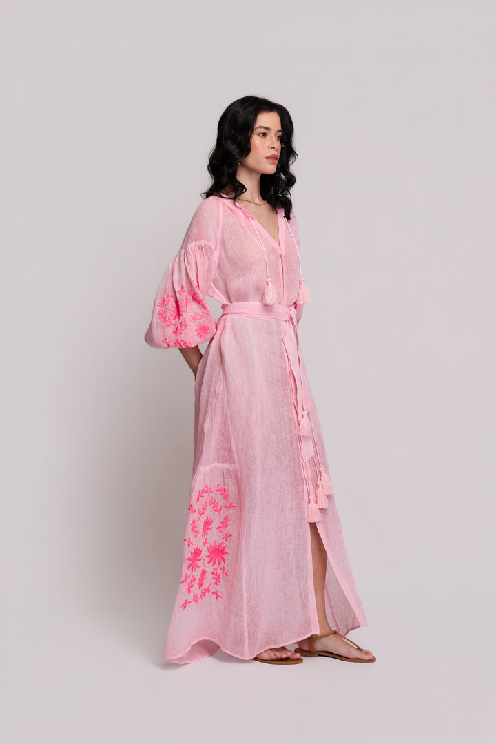 Vestido Valentina Gaze de Linho Rosa com Rosa