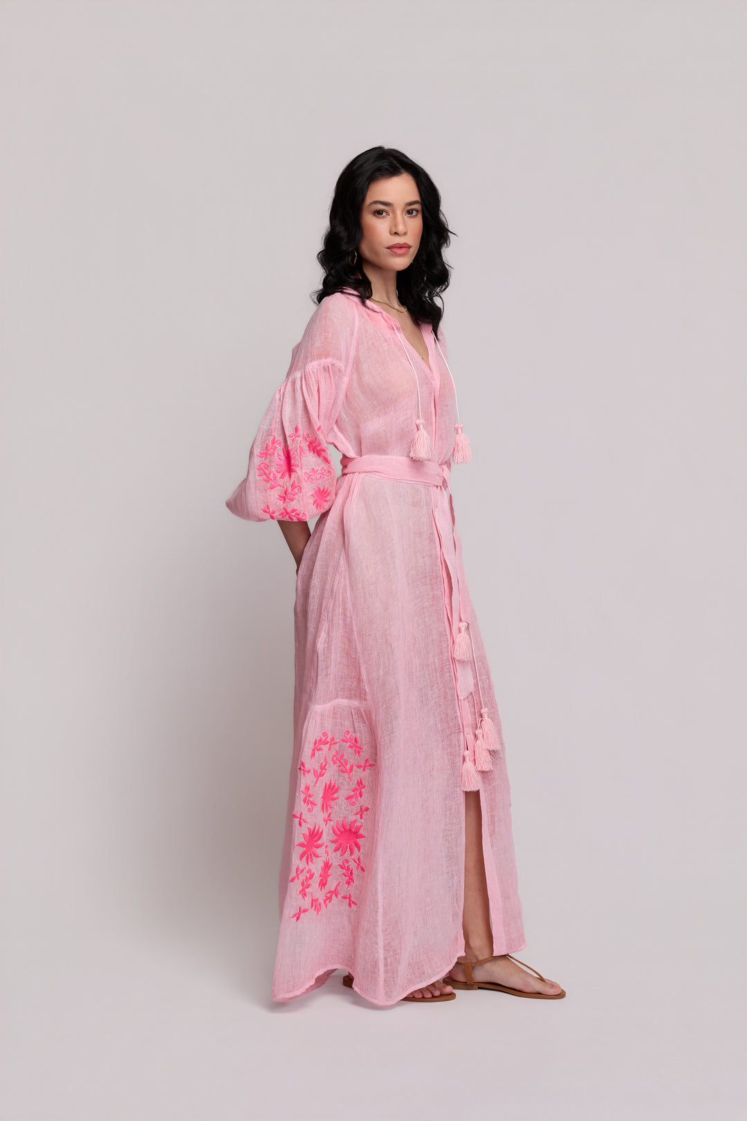 Vestido Valentina Gaze de Linho Rosa com Rosa