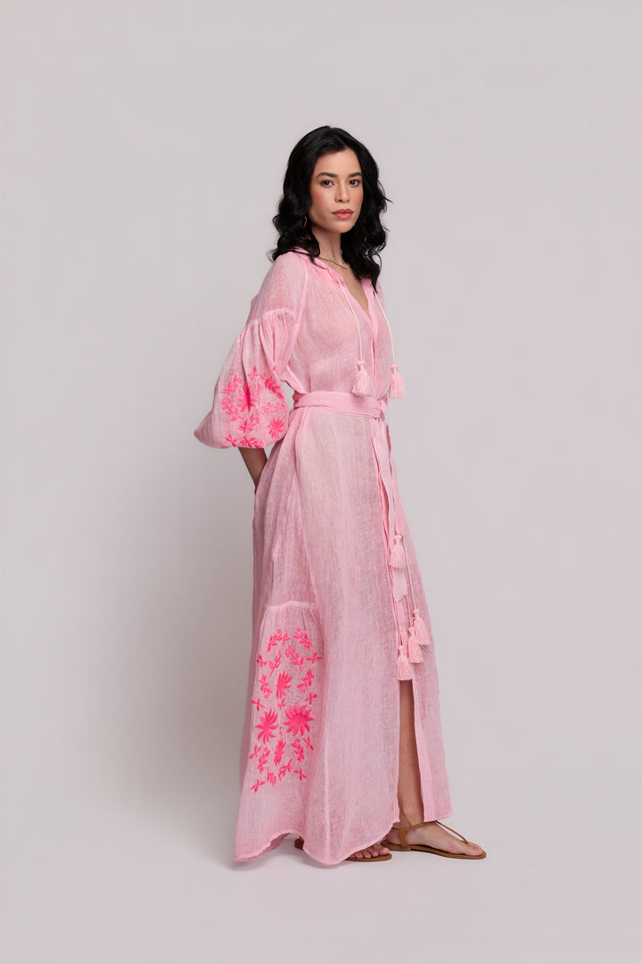 Vestido Valentina Gaze de Linho Rosa com Rosa