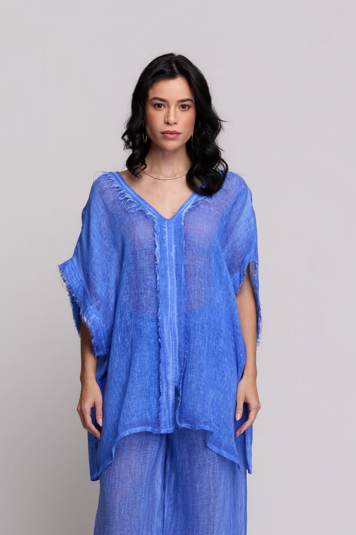 Blusa Gaia Gaze de Linho Azul Anil