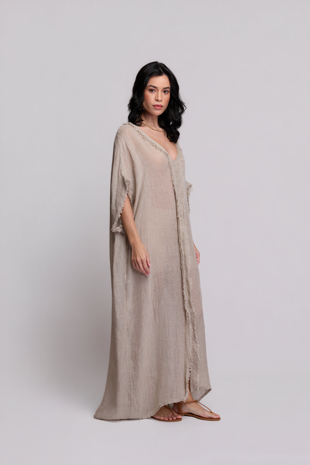 Kaftan Gaia Gaze de Linho Bege