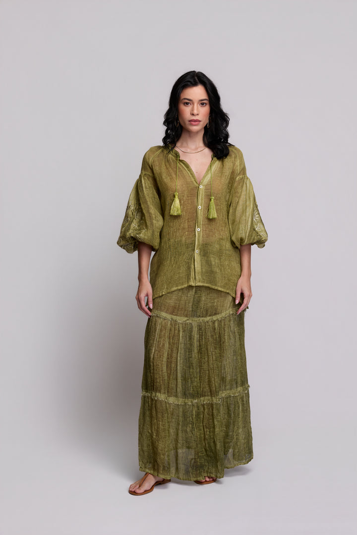 Saia Gaia Gaze de Linho Verde Oliva