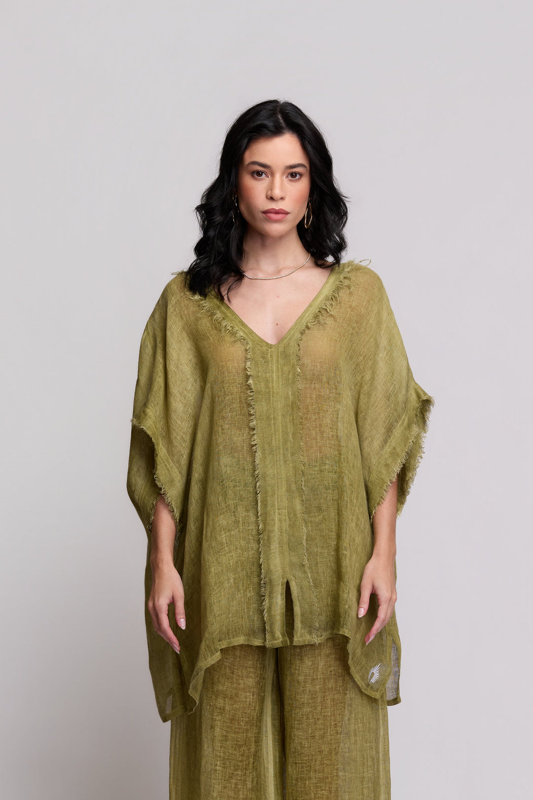 Blusa Gaia Gaze de Linho Verde Oliva