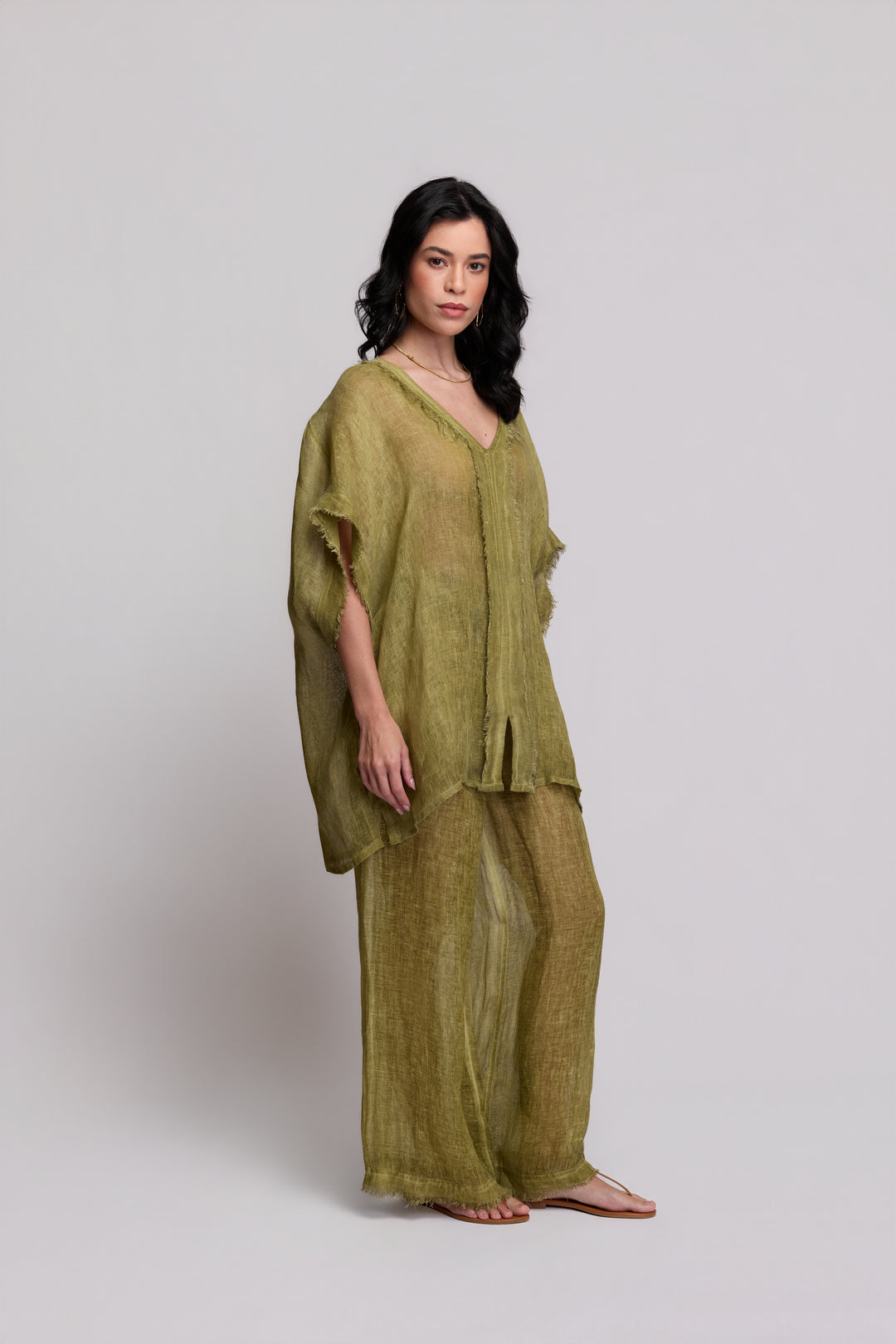 Blusa Gaia Gaze de Linho Verde Oliva