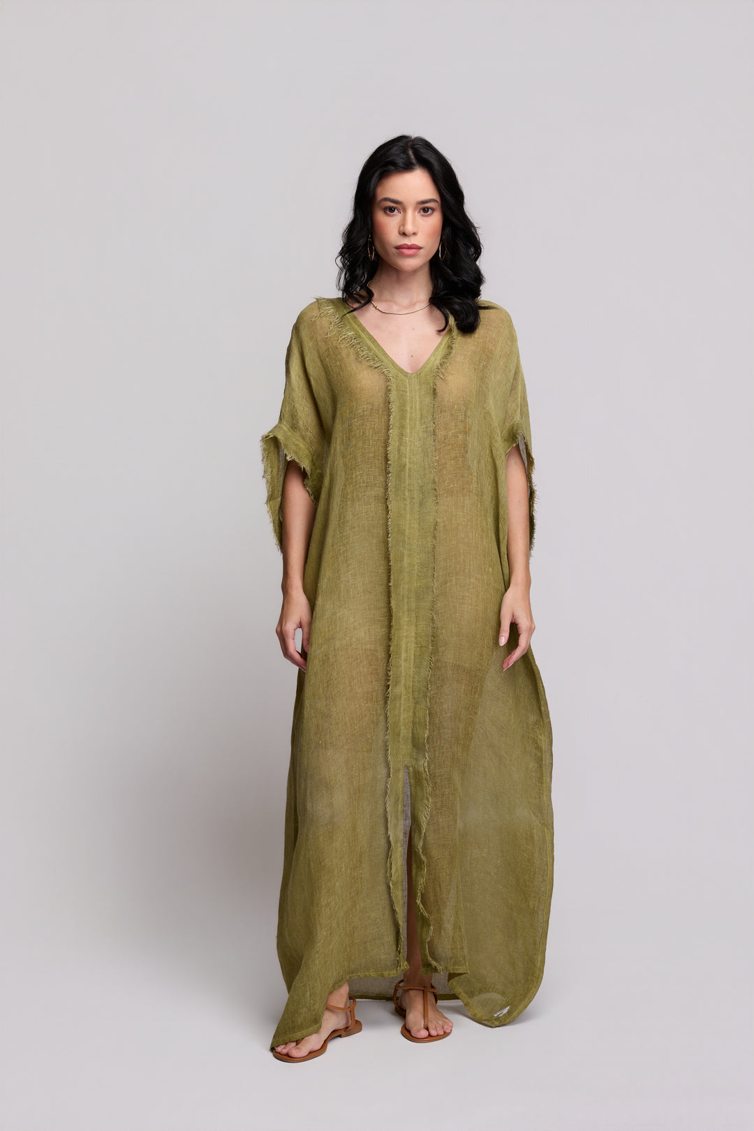 Kaftan Gaia Gaze de Linho Verde Oliva