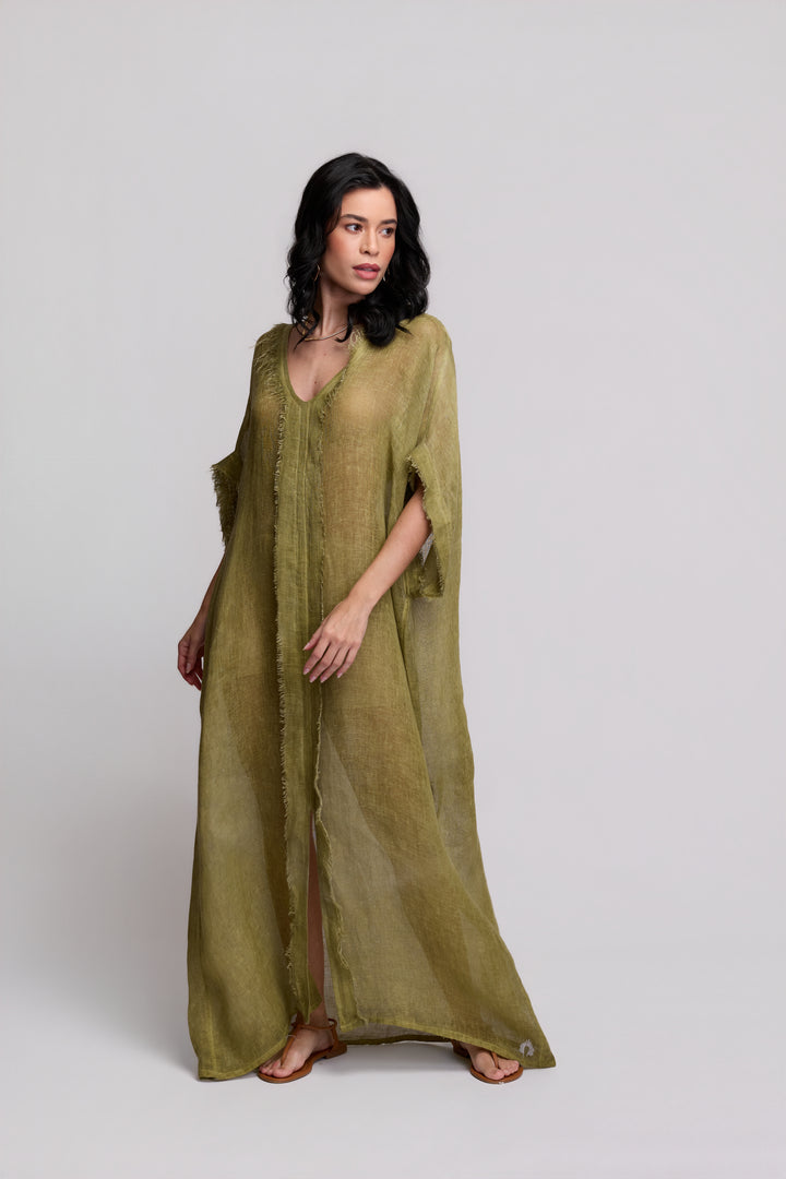 Kaftan Gaia Gaze de Linho Verde Oliva