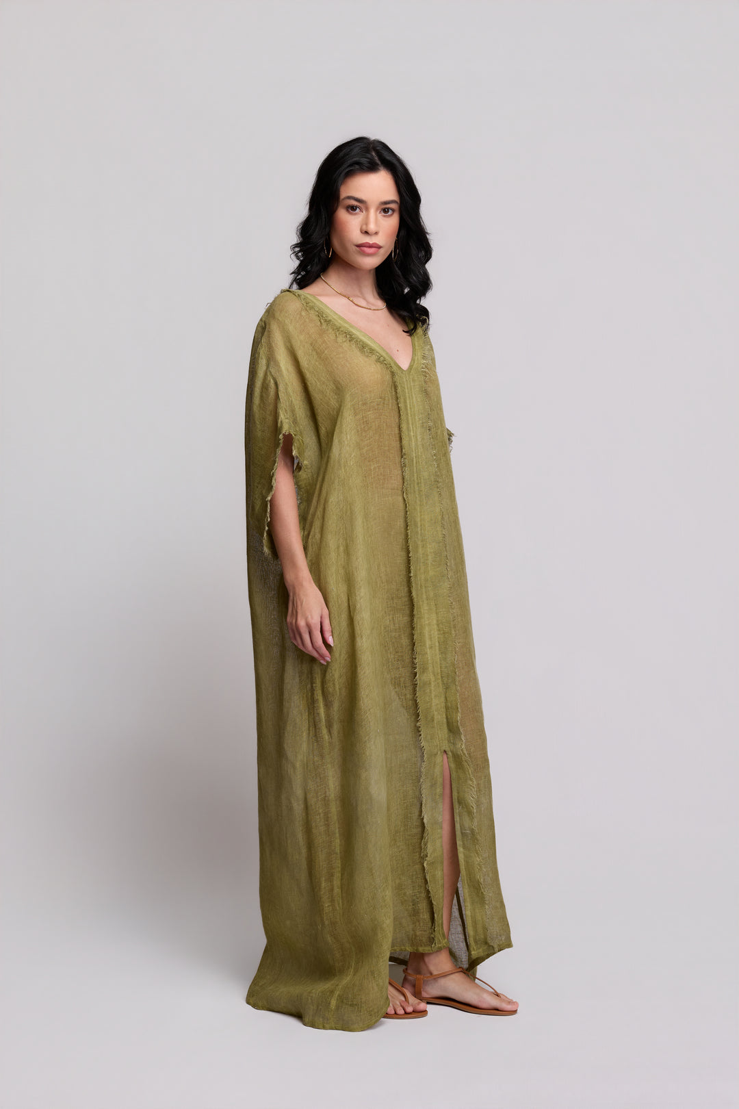 Kaftan Gaia Gaze de Linho Verde Oliva