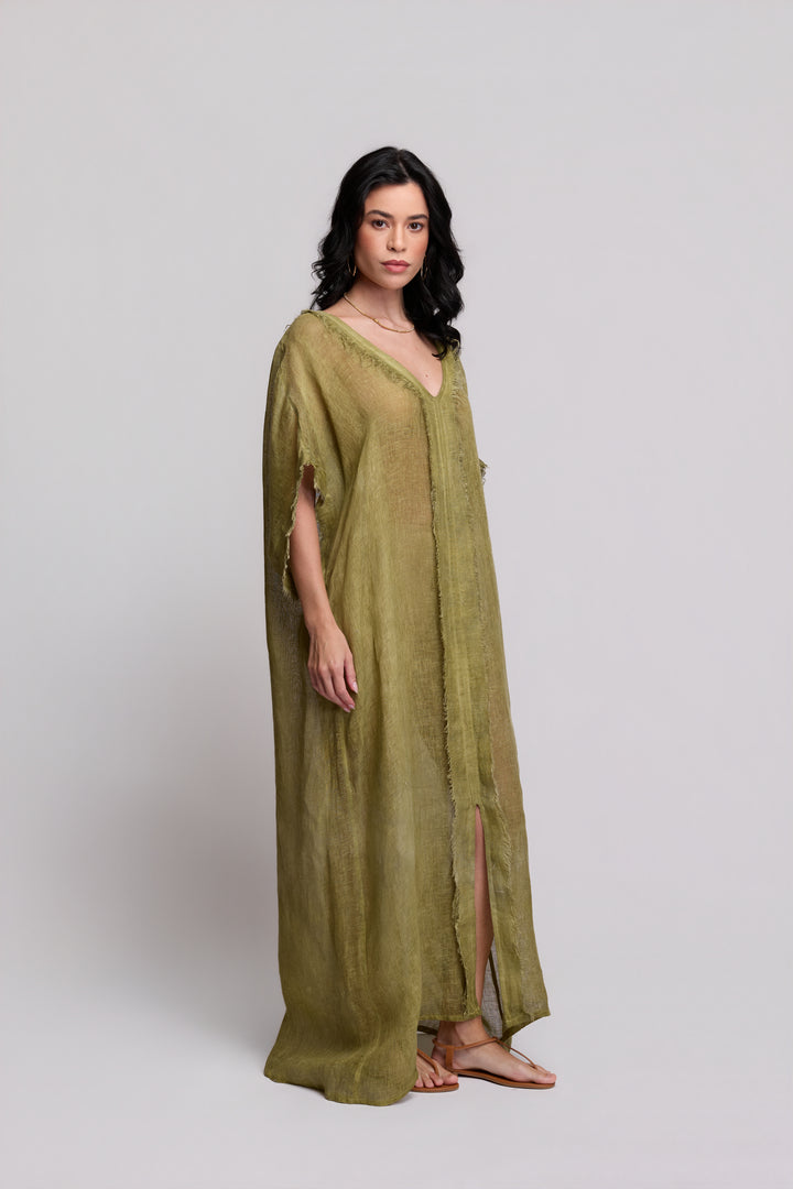 Kaftan Gaia Gaze de Linho Verde Oliva