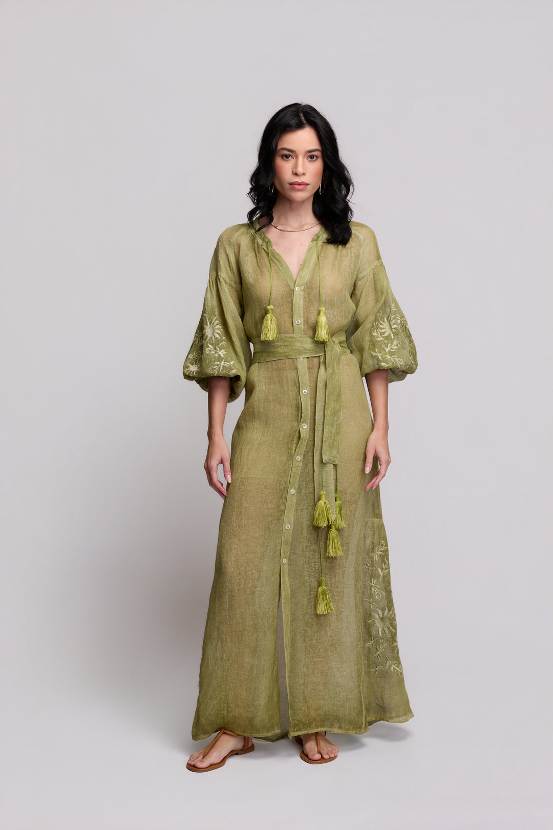 Vestido Valentina Gaze de Linho Verde Oliva