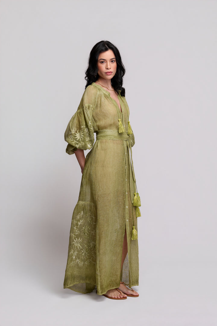Vestido Valentina Gaze de Linho Verde Oliva