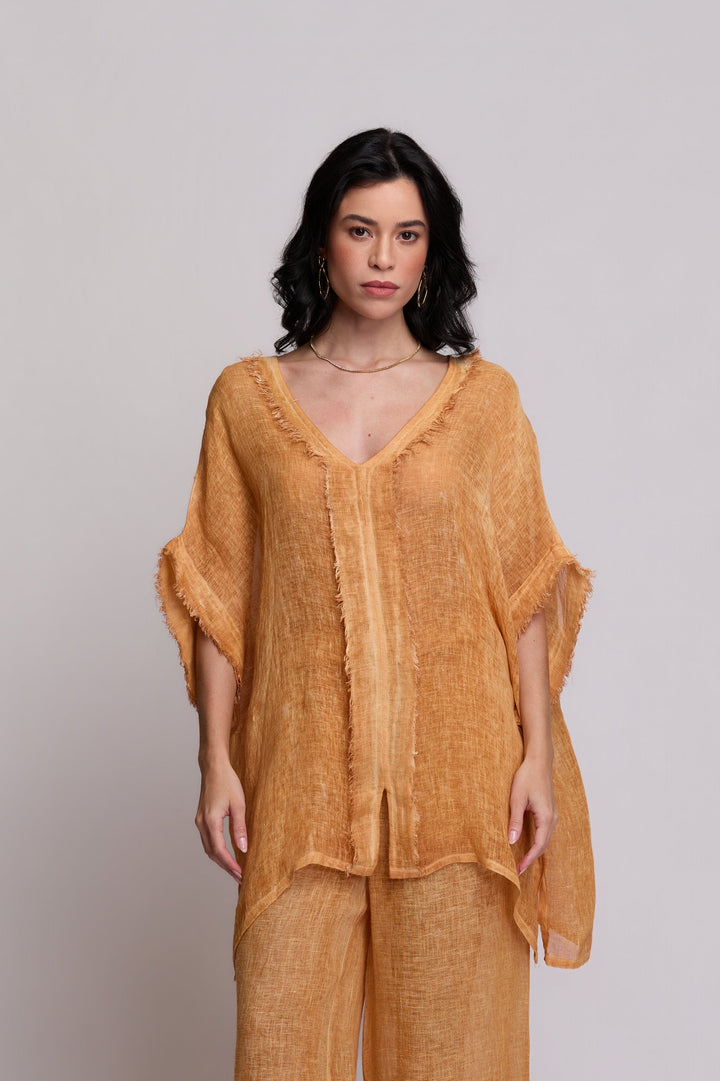 Blusa Gaia Gaze de Linho Caramelo