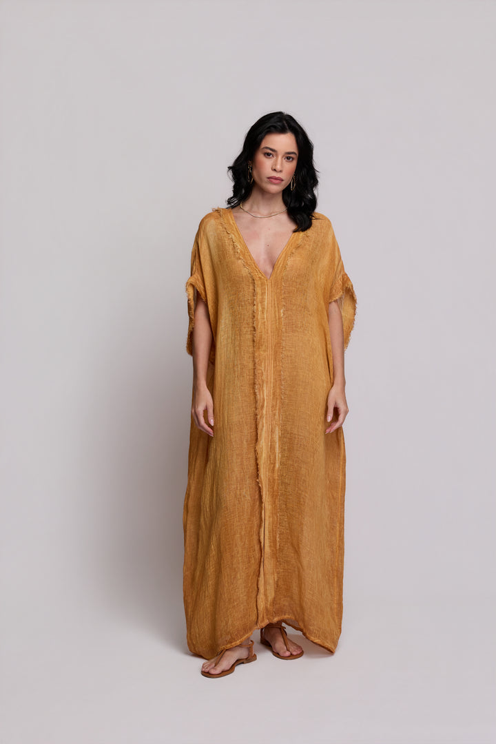 Kaftan Gaia Gaze de Linho Caramelo