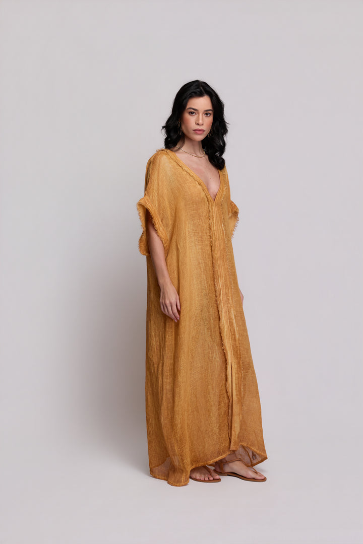 Kaftan Gaia Gaze de Linho Caramelo