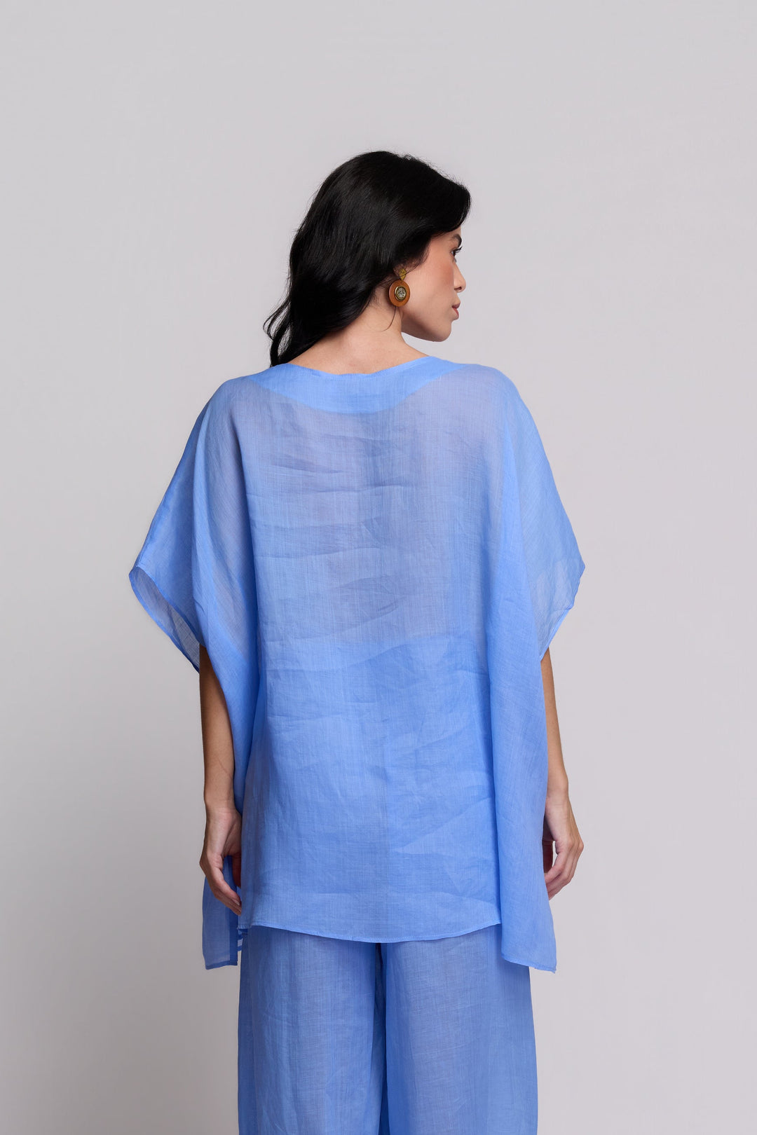 Blusa Flora Rami Azul Bordado Branco