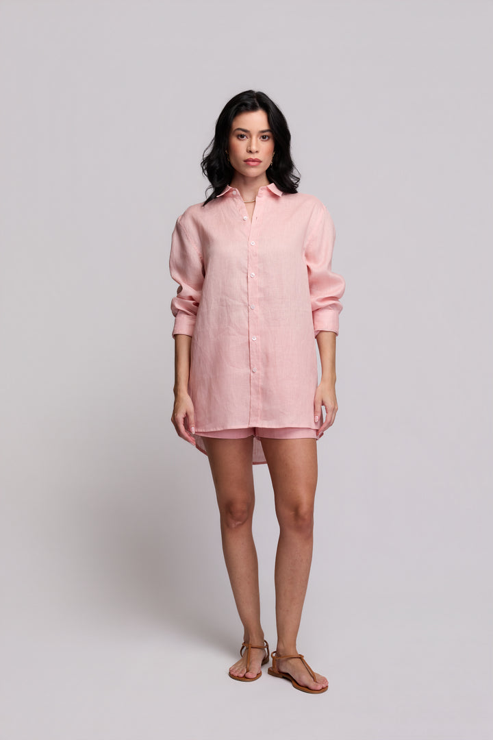 Camisa Cocar Linho Rosa Velho Bordado Dourado