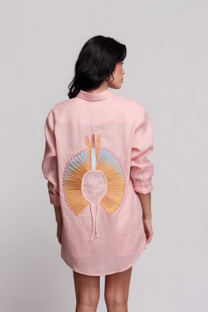 Camisa Cocar Linho Rosa Velho Bordado Dourado