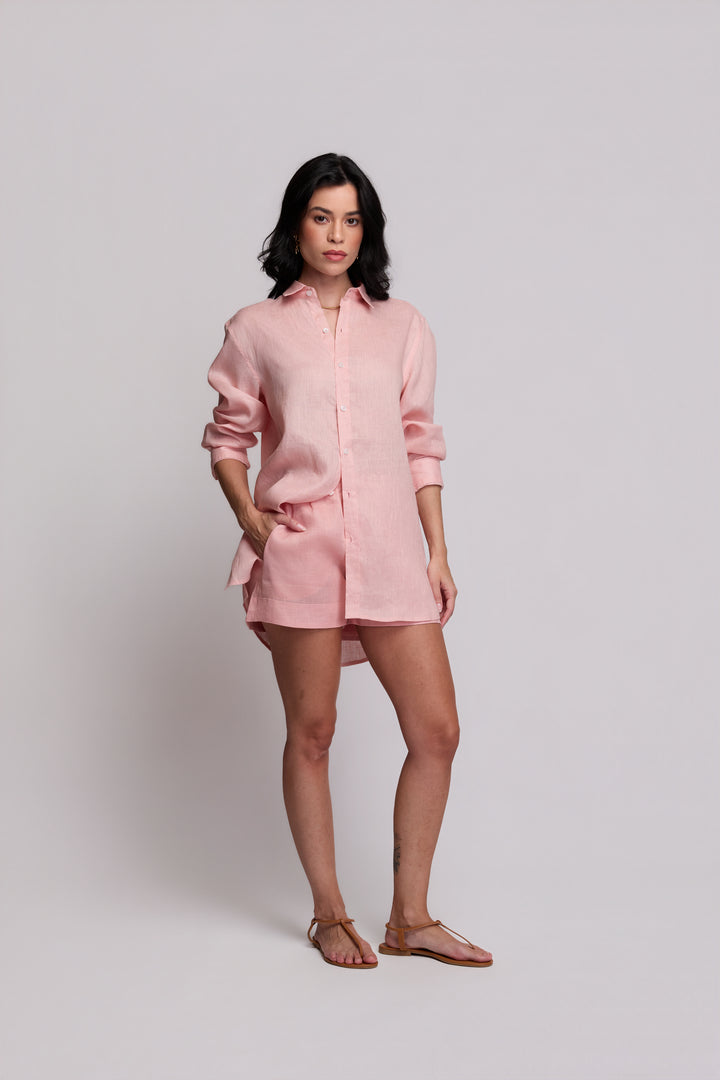 Camisa Cocar Linho Rosa Velho Bordado Dourado