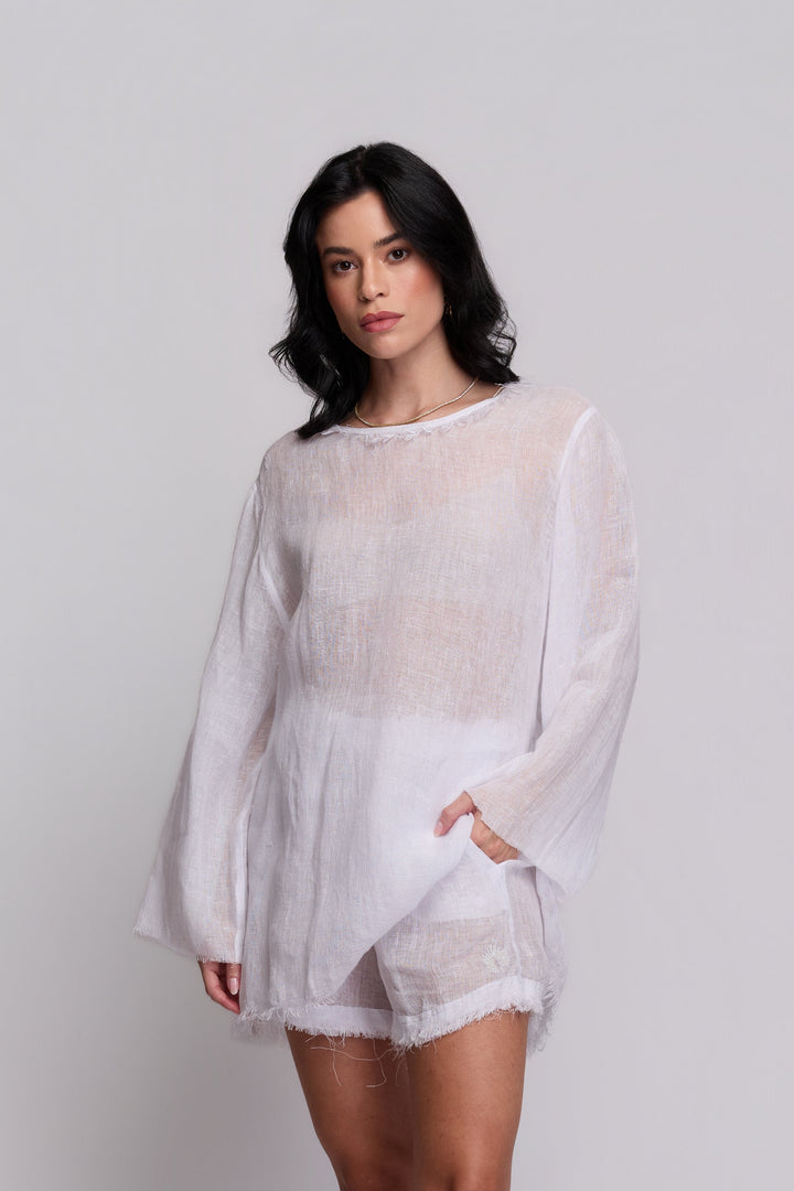 Bata Unissex Gaia Gaze de Linho Branco