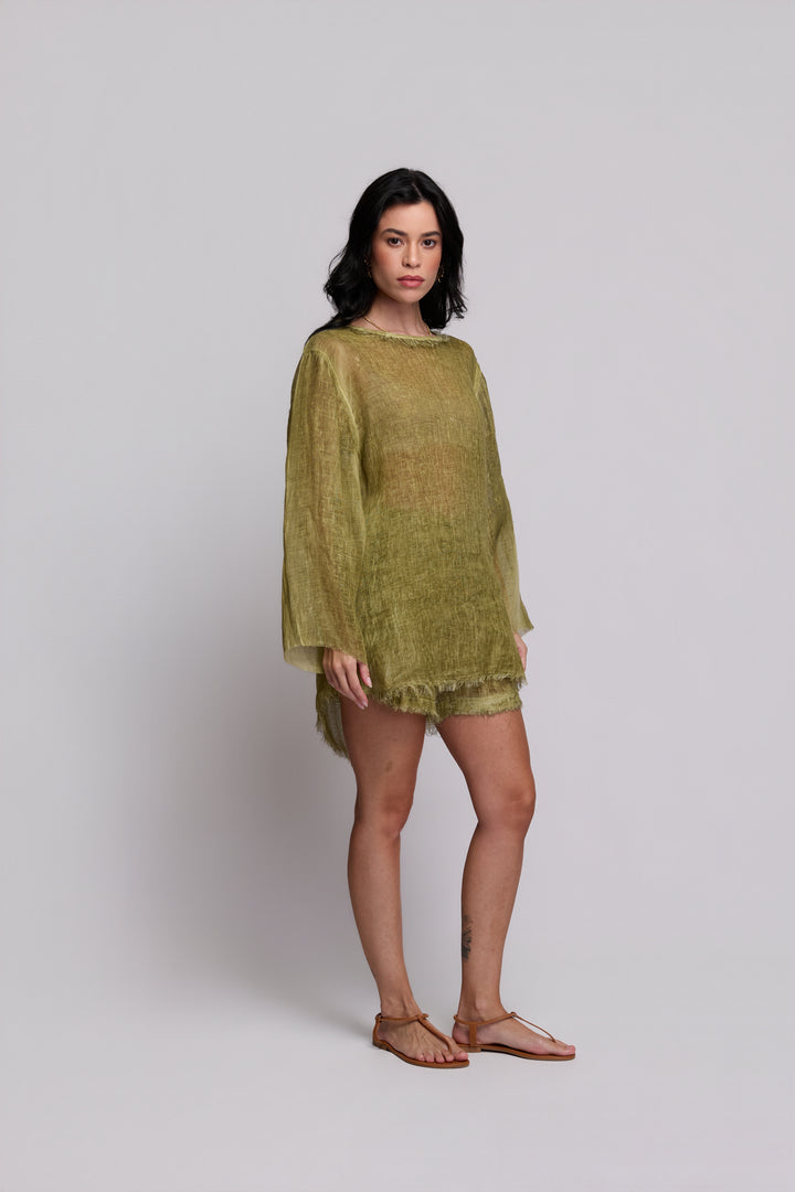 Shorts Gaia Gaze de Linho Verde Oliva