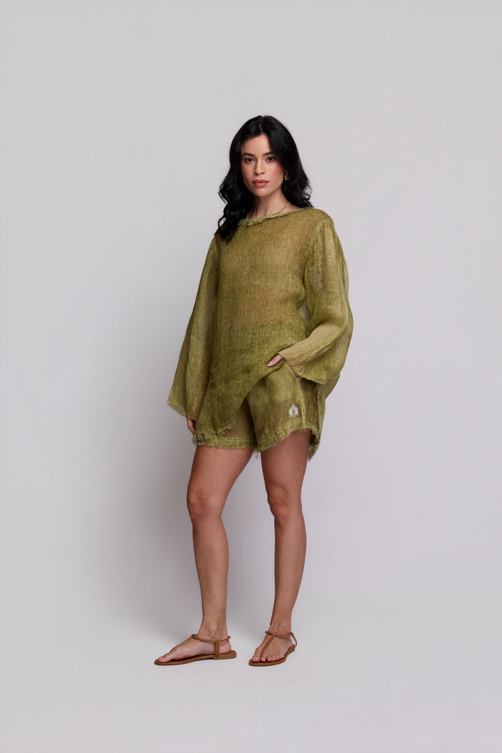 Shorts Gaia Gaze de Linho Verde Oliva