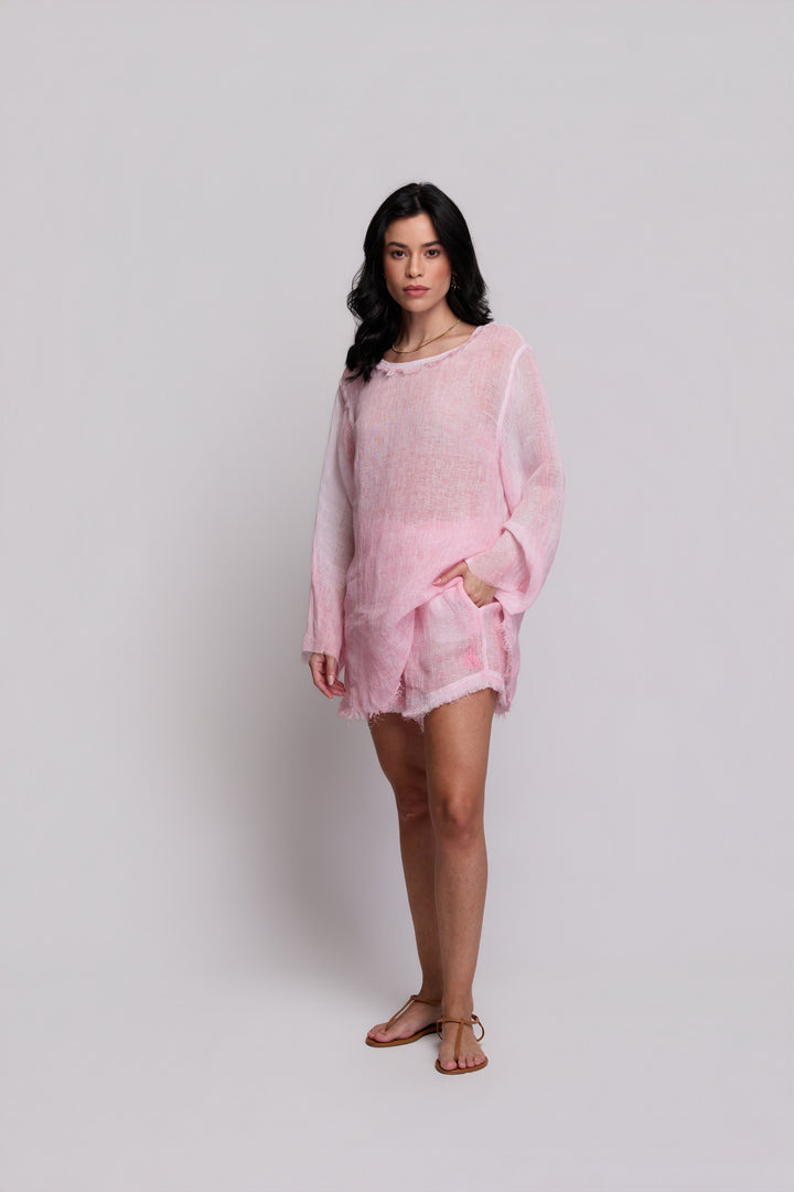 Shorts Gaia Gaze de Linho Rosa Claro