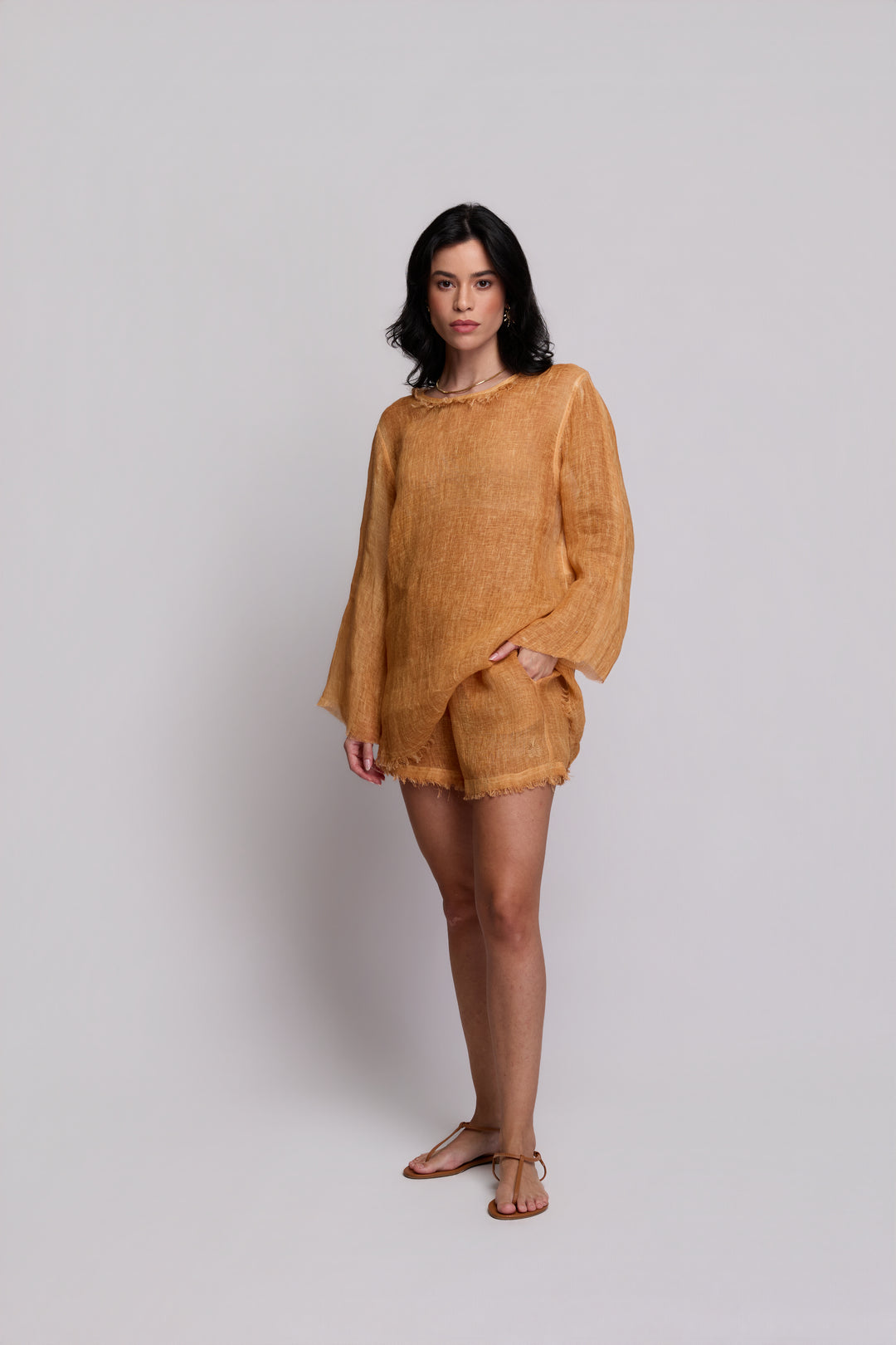 Shorts Gaia Gaze de Linho Caramelo
