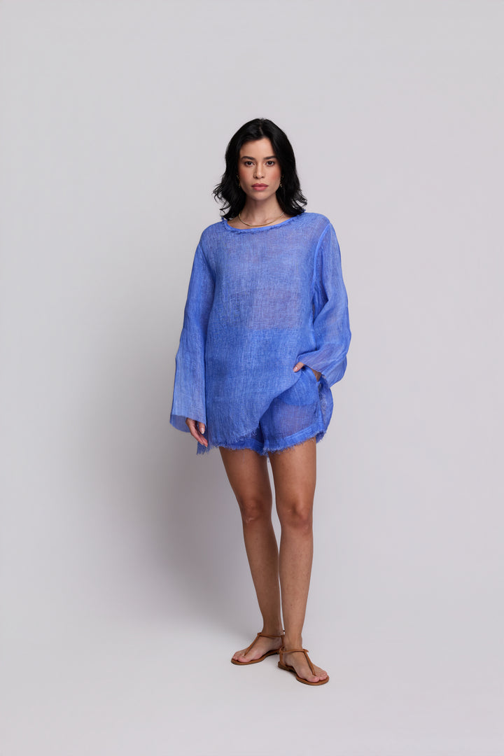 Shorts Gaia Gaze de Linho Azul Anil