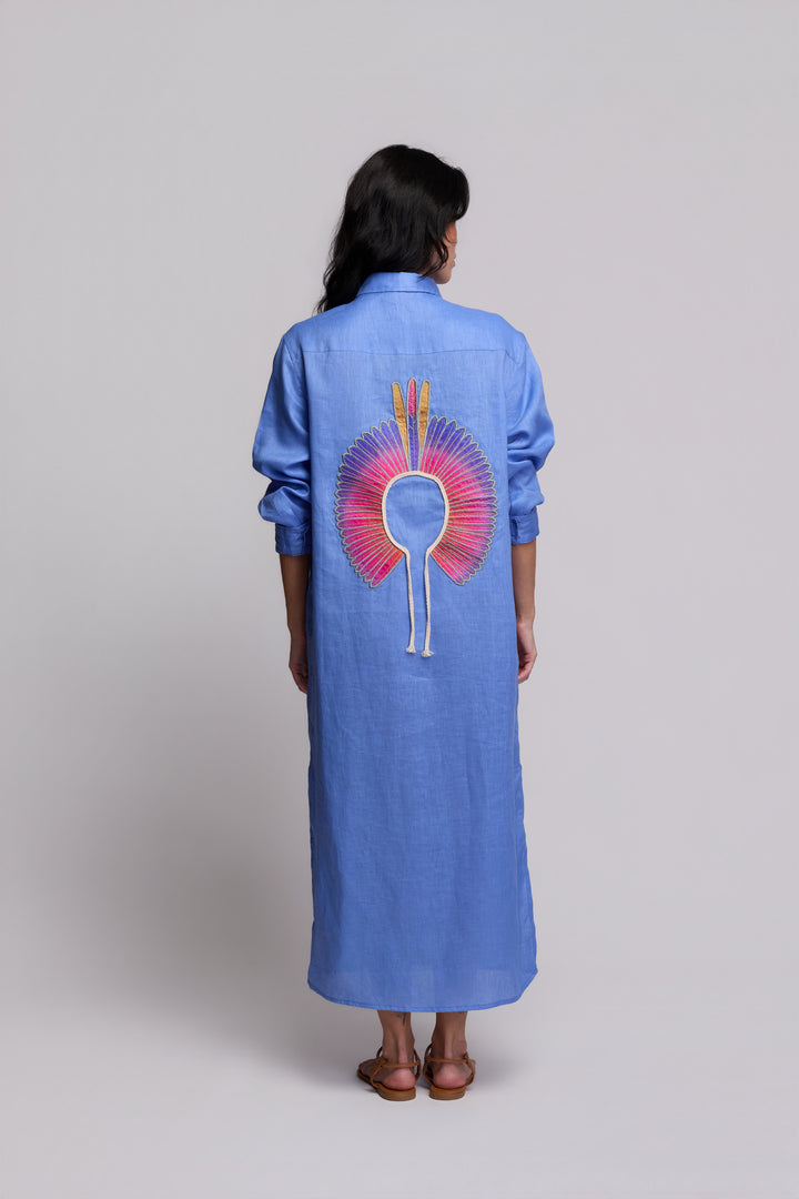 Chemise Cocar Linho Azul Caribe Bordado Rosa