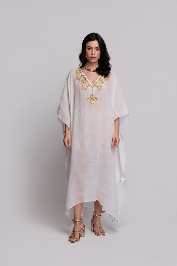 Kaftan Flora Rami Branco Bordado Dourado